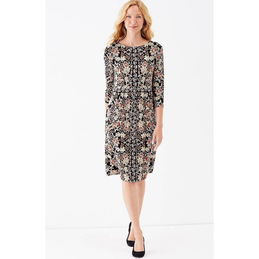 J. Jill Shirred Waist Knit Floral Jersey Dress Soft Romantic Boho Size Medium
